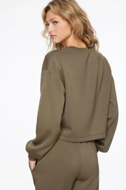 Long Sleeve Tops-Dynamite Anywear Scuba Boxy Crewneck Sweatshirt Brown