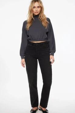Long Sleeve Tops-Dynamite Anywear Scuba Funnel Neck Sweatshirt Gray