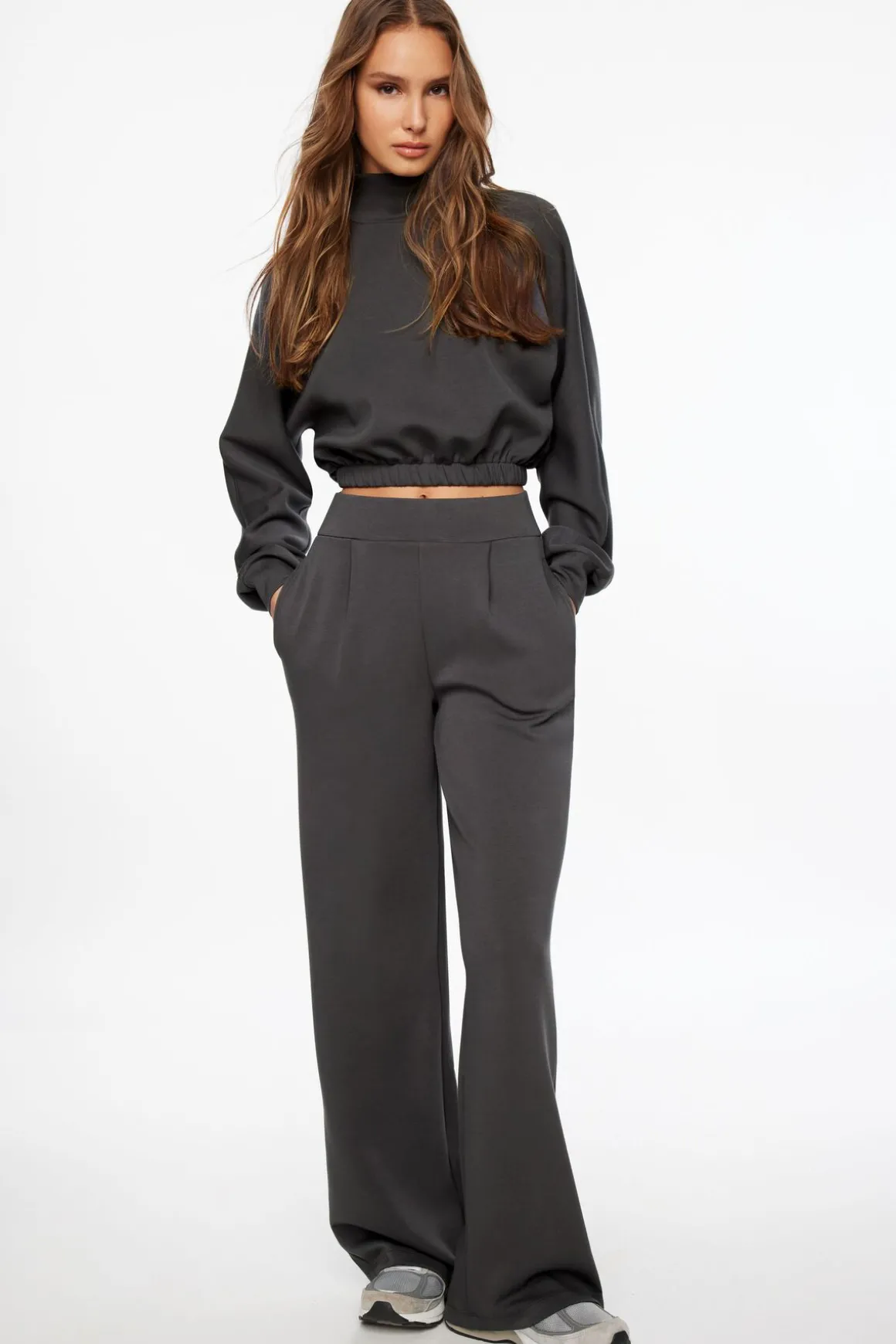 Long Sleeve Tops-Dynamite Anywear Scuba Funnel Neck Sweatshirt Gray