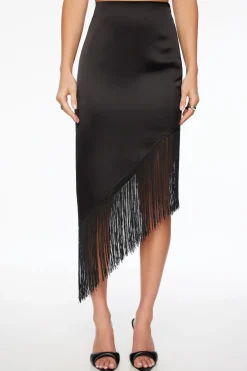 Skirts & Skorts | Skirts-Dynamite Asymmetric Fringe Satin Midi Skirt Black