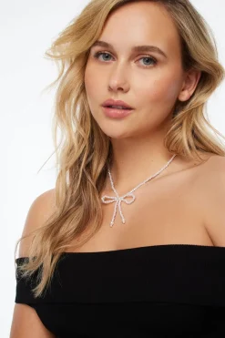 Necklaces-Dynamite Beaded Pearl Bow Necklace White