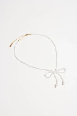 Necklaces-Dynamite Beaded Pearl Bow Necklace White