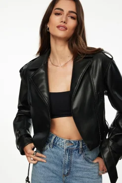 Coats & Jackets | Classic Coats-Dynamite Belted Faux Leather Biker Jacket Black