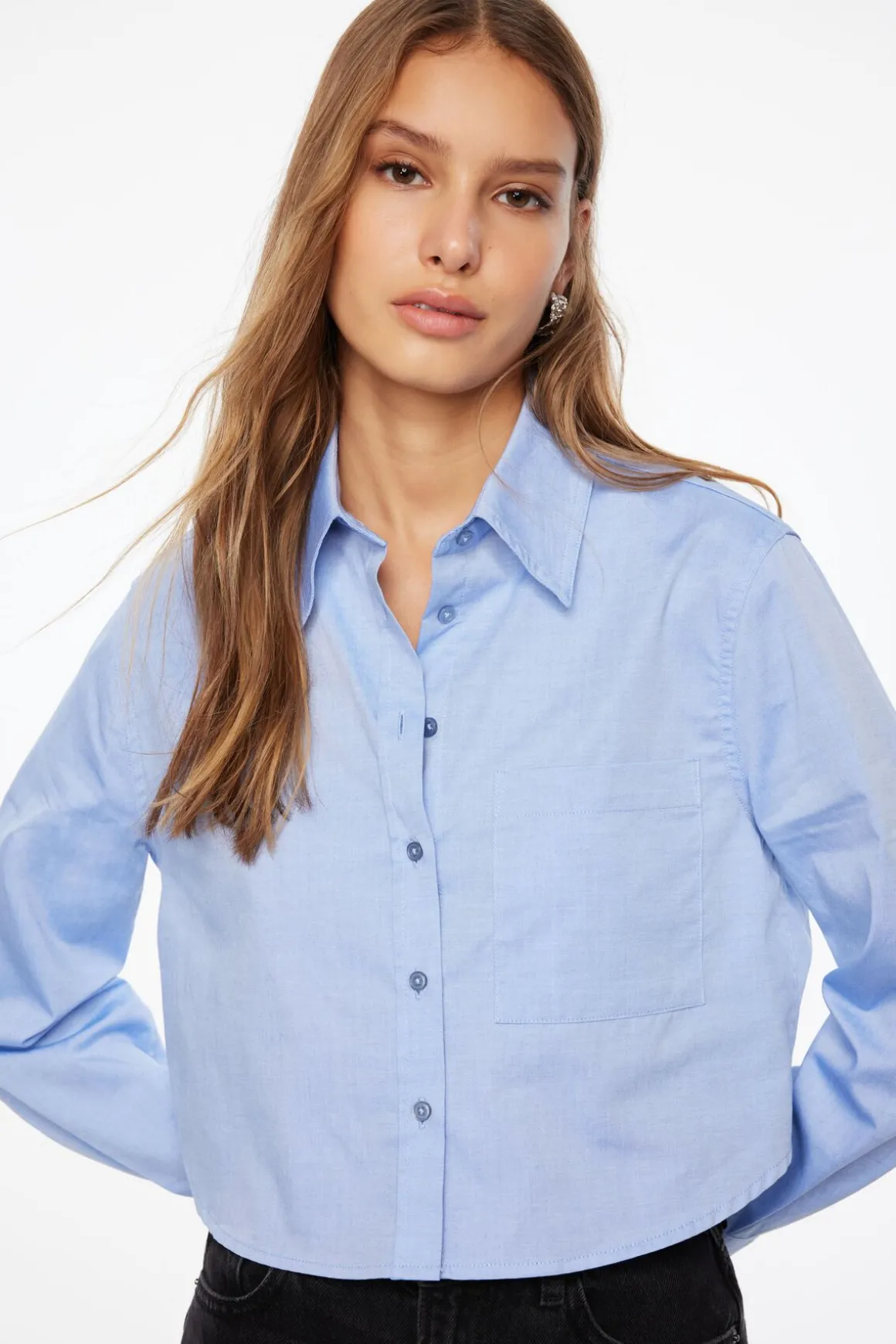 Blouses & Tops | Blouses & Tops-Dynamite Chambray Crop Shirt Blue