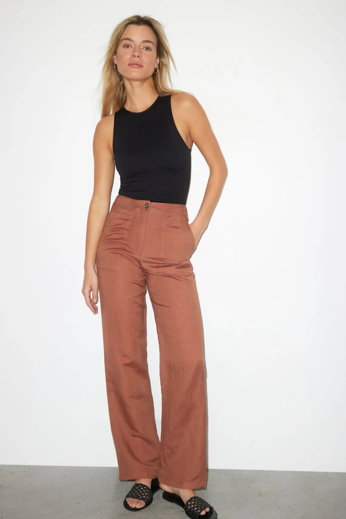 Straight Leg Pants-Dynamite Crawford Linen Straight Pants Brown