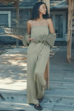 Pants | Wide Leg Pants-Dynamite Crinkled Wide Leg Satin Pants Green