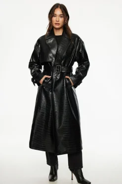 Coats & Jackets | Classic Coats-Dynamite Crocodile Faux Leather Military Trench Coat Black