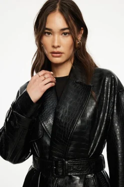 Coats & Jackets | Classic Coats-Dynamite Crocodile Faux Leather Military Trench Coat Black