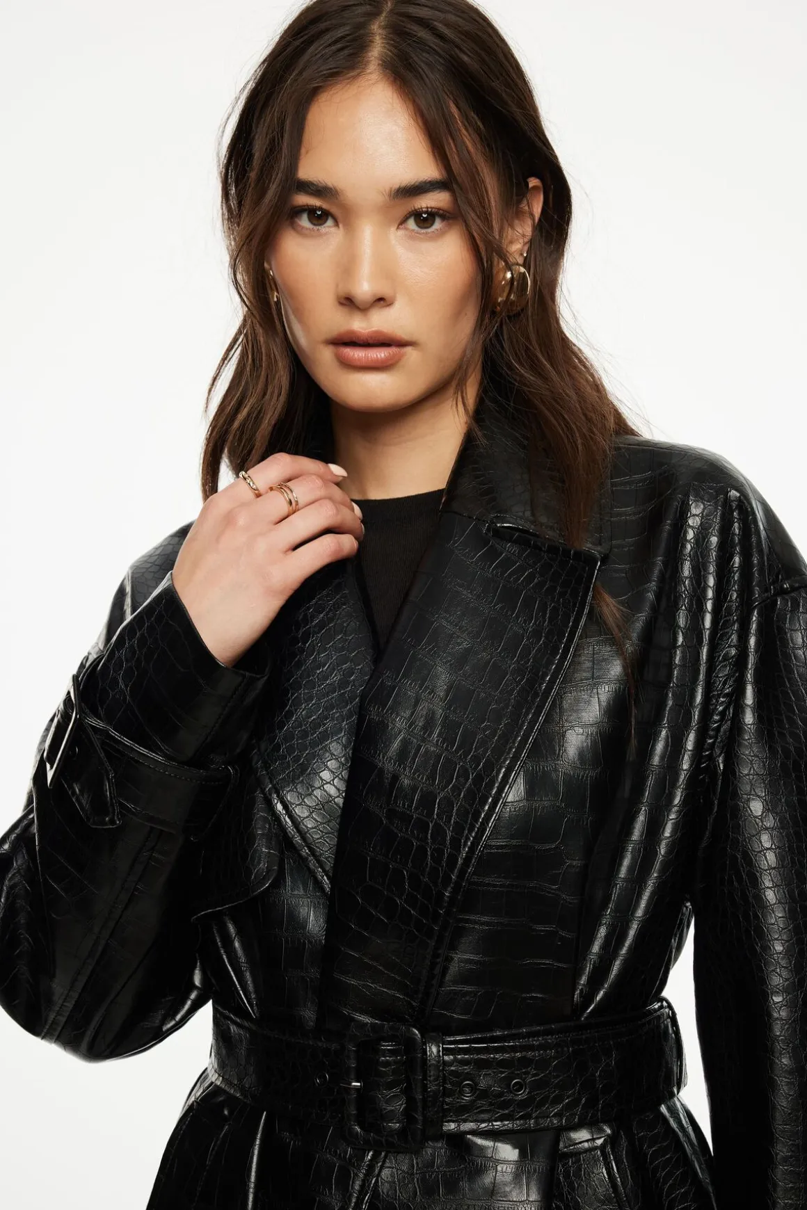 Coats & Jackets | Classic Coats-Dynamite Crocodile Faux Leather Military Trench Coat Black