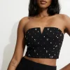 Blouses & Tops | Sleeveless Tops-Dynamite Cropped Rhinestone Bustier Top Black