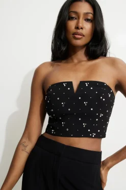 Blouses & Tops | Sleeveless Tops-Dynamite Cropped Rhinestone Bustier Top Black