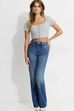 Blouses & Tops | Matching Sets-Dynamite Cropped Tweed Blouse Blue