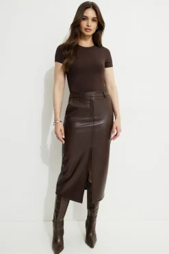 Bestsellers | Skirts-Dynamite Danbi Faux Leather Midi Skirt Brown