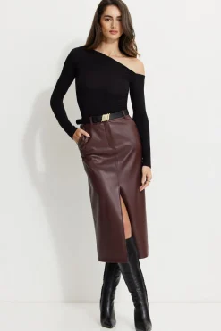 Online Exclusives-Dynamite Danbi Faux Leather Midi Skirt Burgundy