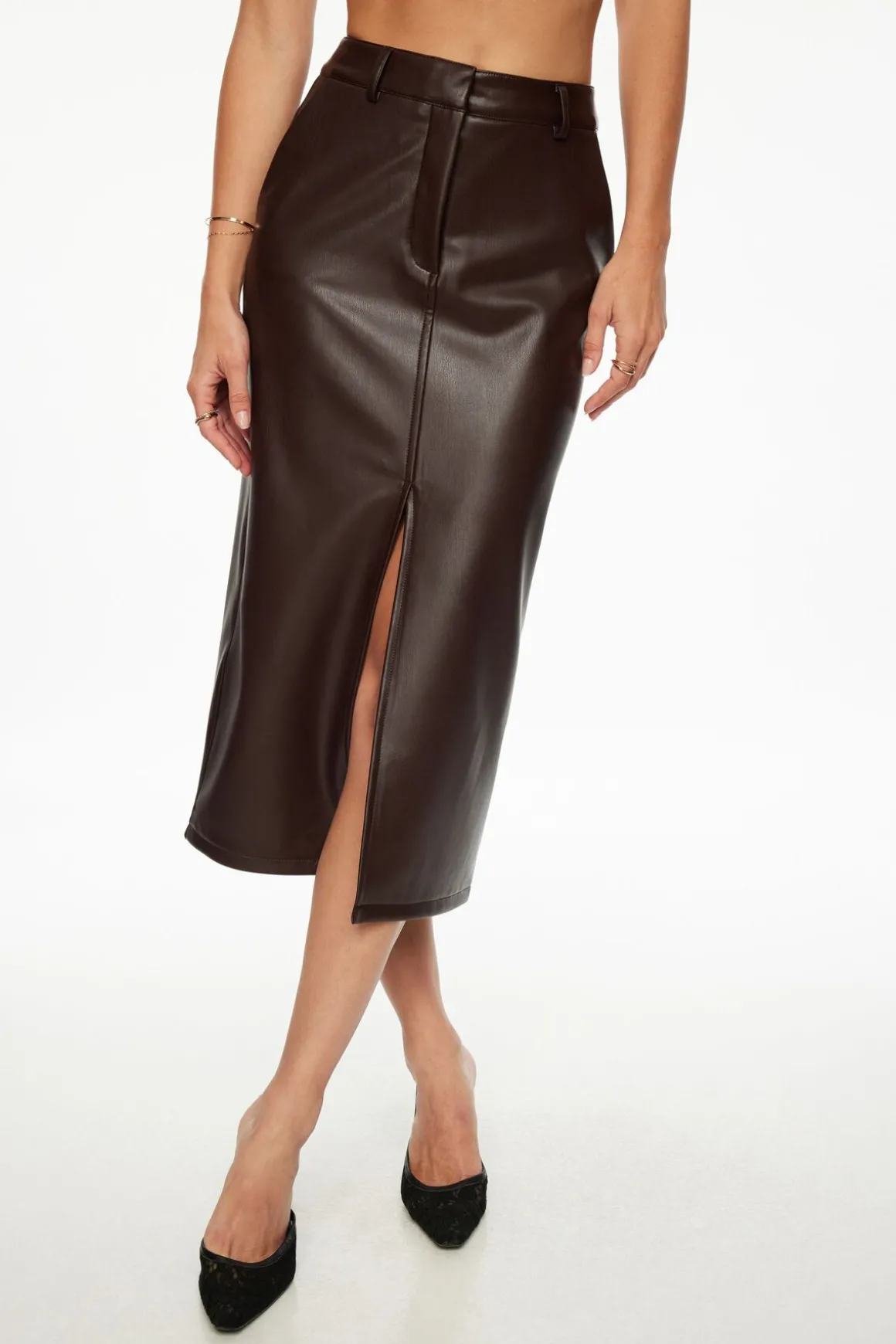 Bestsellers | Skirts-Dynamite Danbi Faux Leather Midi Skirt Brown