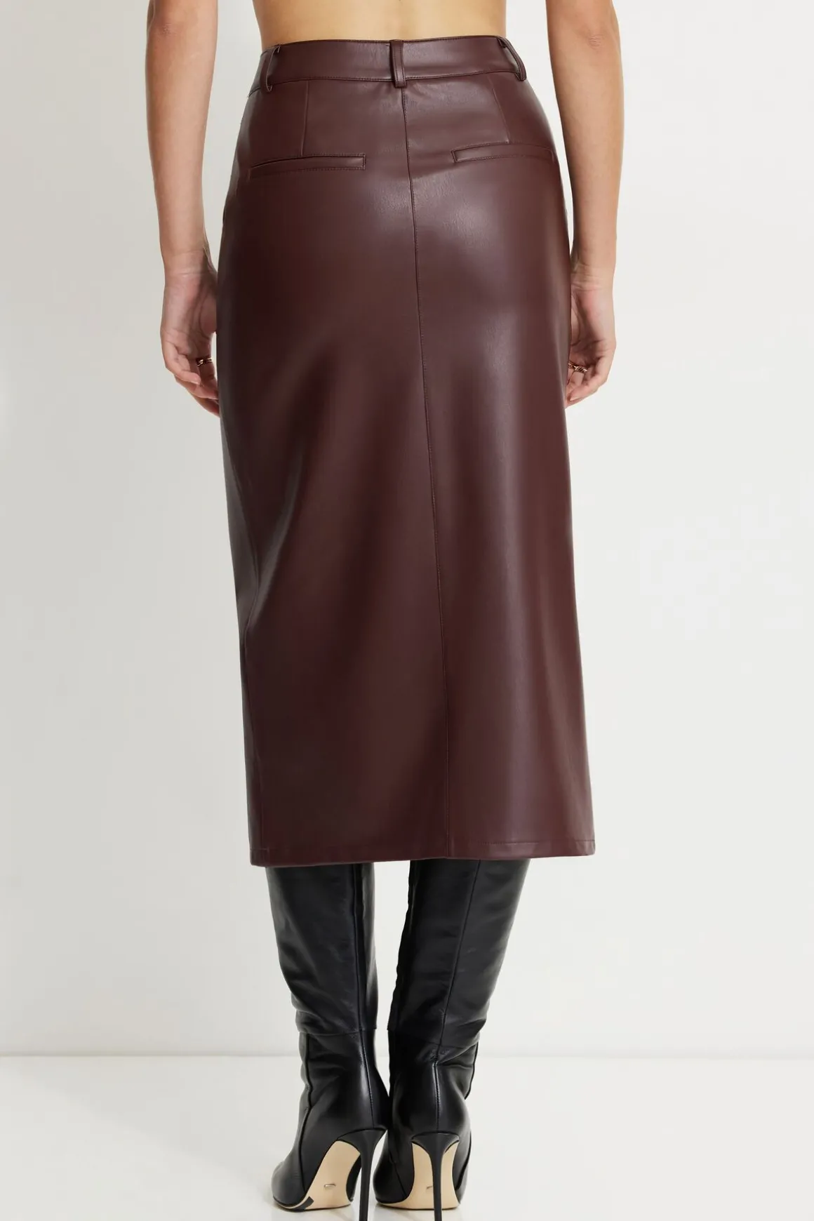Online Exclusives-Dynamite Danbi Faux Leather Midi Skirt Burgundy