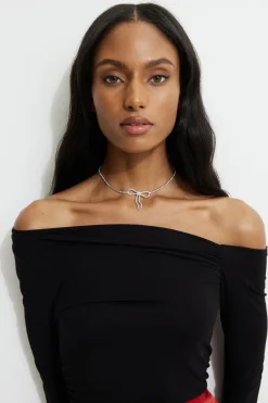 Necklaces-Dynamite Delicate Gem Bow Choker Necklace Gray
