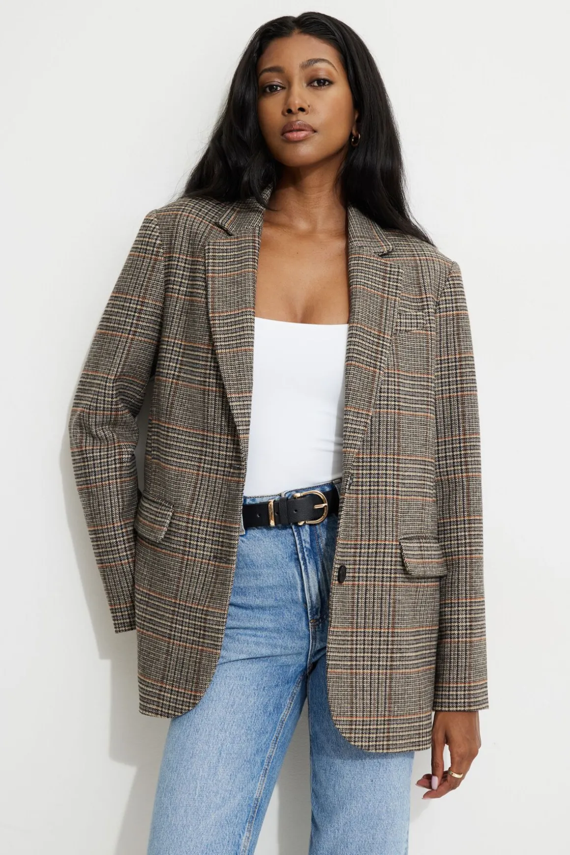 Blazers & Vests | Bestsellers-Dynamite Diana Plaid Oversized Blazer Brown