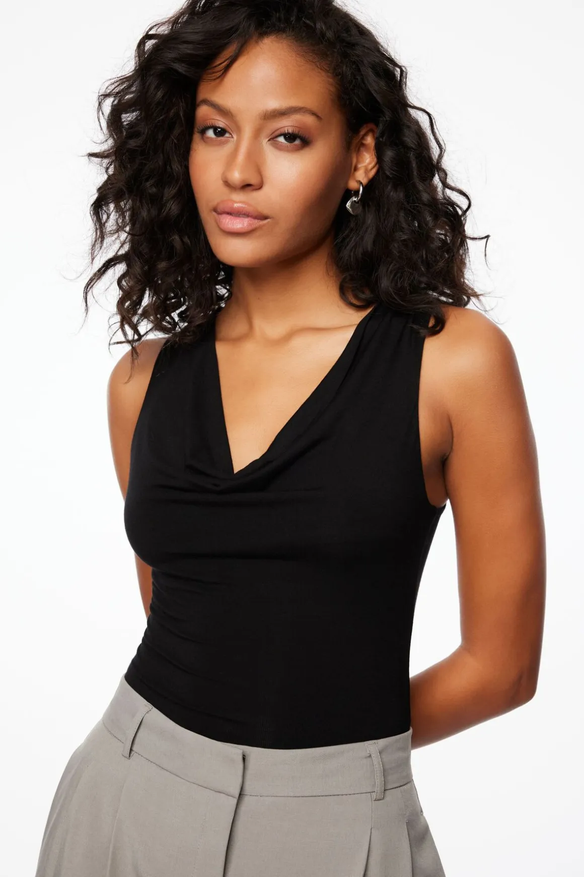 Tees & Tanks-Dynamite Draped Cowl Neck Bodysuit Black