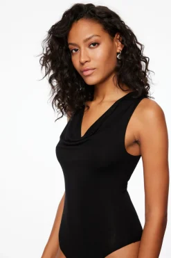 Tees & Tanks-Dynamite Draped Cowl Neck Bodysuit Black