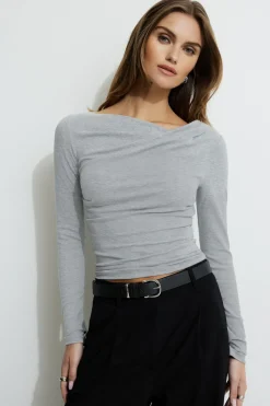 Tees & Tanks | Bestsellers-Dynamite Draped Long Sleeve T-Shirt Gray