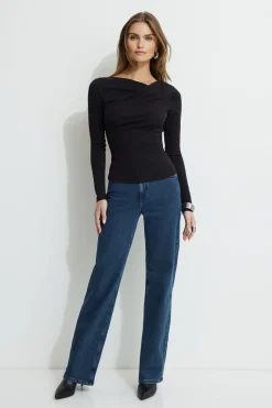 Tees & Tanks | Bestsellers-Dynamite Draped Long Sleeve T-Shirt Black