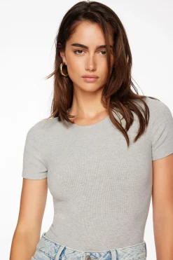 Tees & Tanks | Bodysuits-Dynamite Drea Short Sleeve Crew Neck Bodysuit Gray