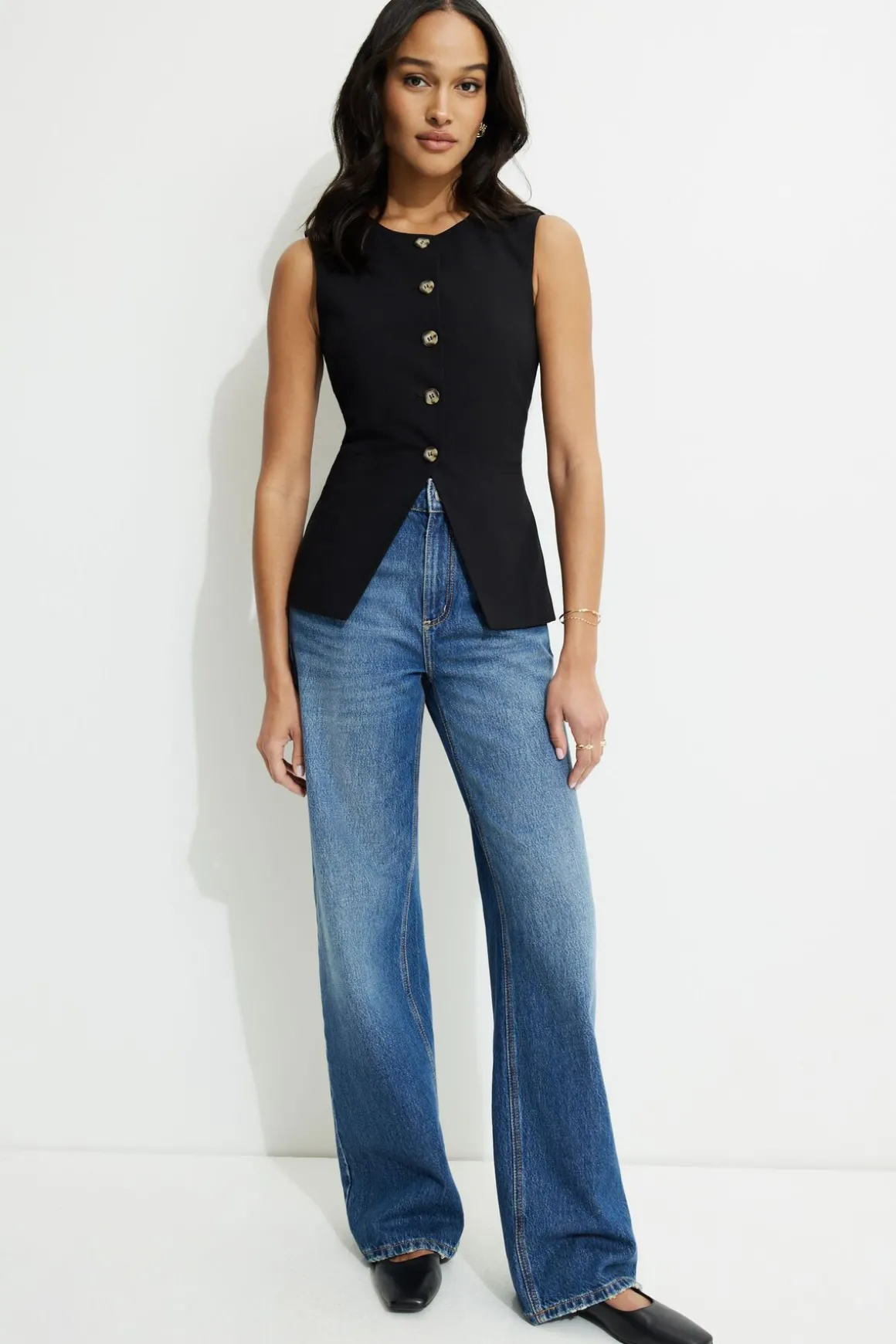 Blazers & Vests | Vests-Dynamite Emery Round Neck Flyaway Vest Black