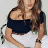 Sweaters & Cardigans | Sweaters-Dynamite Fold Over Off Shoulder Top Blue