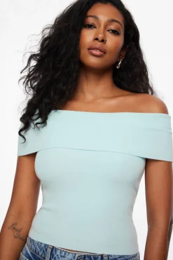 Sweaters & Cardigans | Sweaters-Dynamite Fold Over Off Shoulder Top Blue