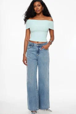 Sweaters & Cardigans | Sweaters-Dynamite Fold Over Off Shoulder Top Blue