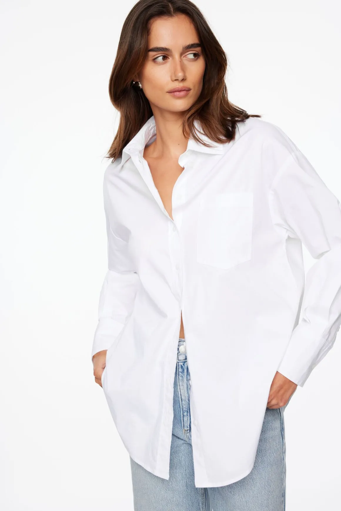 Blouses & Tops | Long Sleeve Tops-Dynamite Frida Oversized Poplin Button Up Shirt White