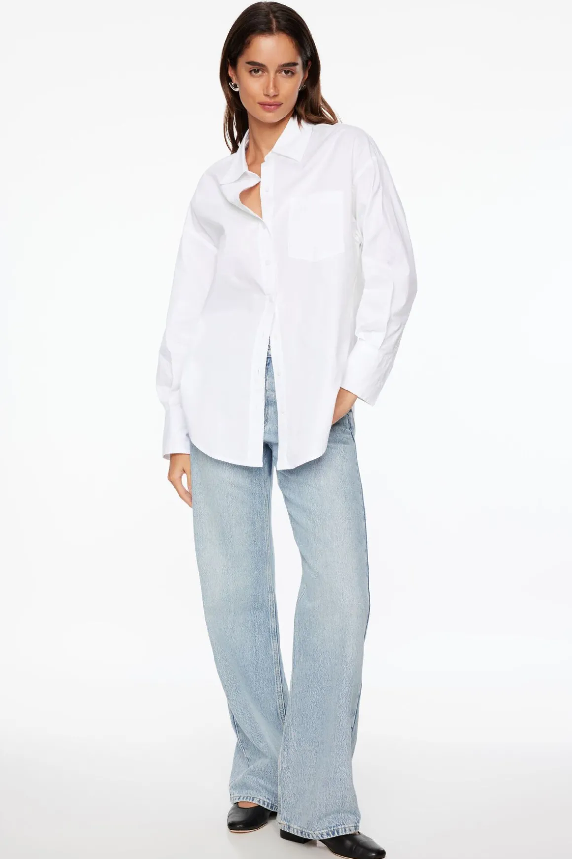 Blouses & Tops | Long Sleeve Tops-Dynamite Frida Oversized Poplin Button Up Shirt White