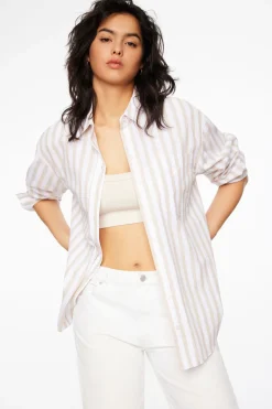 Long Sleeve Tops-Dynamite Frida Striped Oversized Button Up Shirt Brown