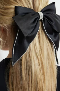 Hair Accessories-Dynamite Gem Bow Satin Hair Clip Black