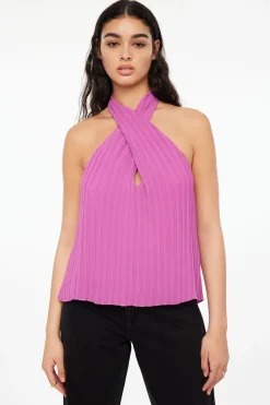 Sleeveless Tops-Dynamite Halter Pleated Top Purple