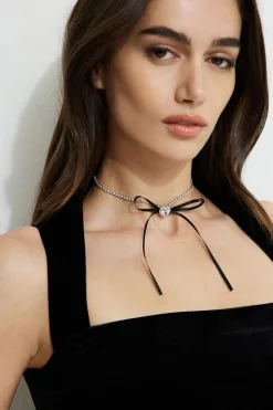 Necklaces-Dynamite Heart & Ribbon Bow Choker Necklace Black