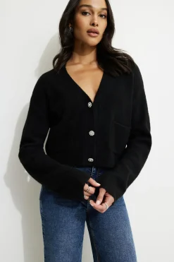 Sweaters & Cardigans | Bestsellers-Dynamite Heavenlyarn™ Abbey Jewel Button Cropped Cardigan Black