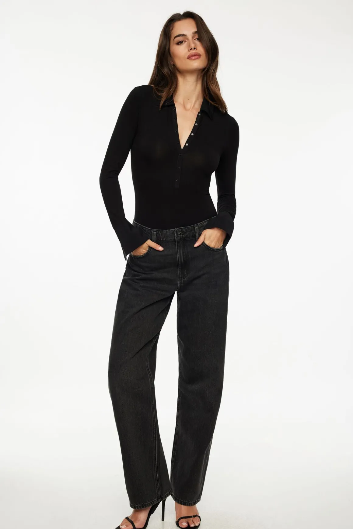 Tees & Tanks | Tees & Tanks-Dynamite Jersey Long Sleeve Polo Bodysuit Black