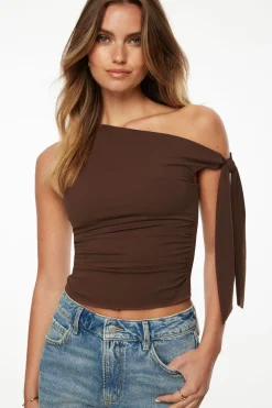 Tees & Tanks | Online Exclusives-Dynamite Jersey Single Shoulder Tie Top Brown