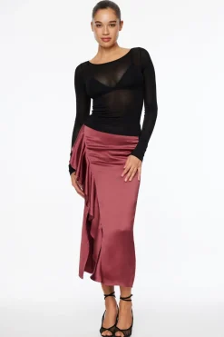 Skirts & Skorts | Skirts-Dynamite Kamila Satin Ruffled Maxi Skirt Burgundy