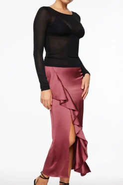 Skirts & Skorts | Skirts-Dynamite Kamila Satin Ruffled Maxi Skirt Burgundy