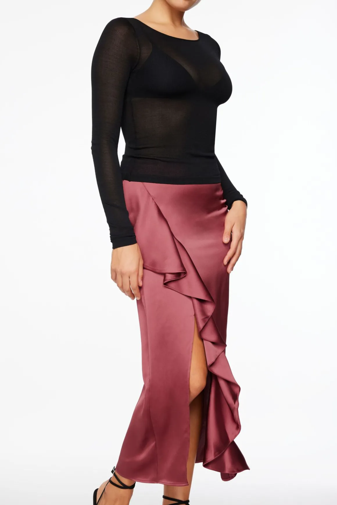 Skirts & Skorts | Skirts-Dynamite Kamila Satin Ruffled Maxi Skirt Burgundy