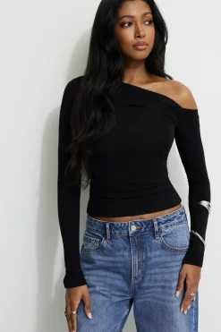 Tees & Tanks | Tees & Tanks-Dynamite Kat Single Shoulder Jersey Top Black