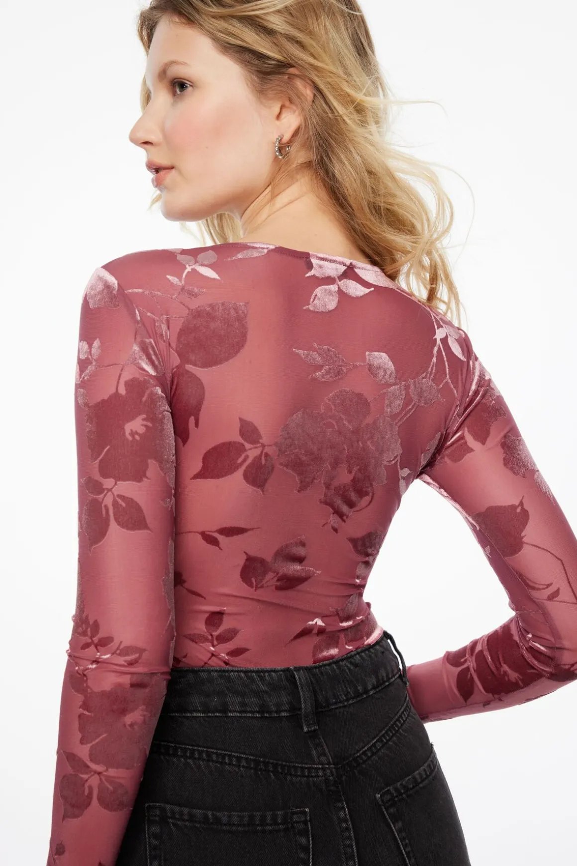 Bodysuits | Long Sleeve Tops-Dynamite Kyla Sheer Bodysuit Pink