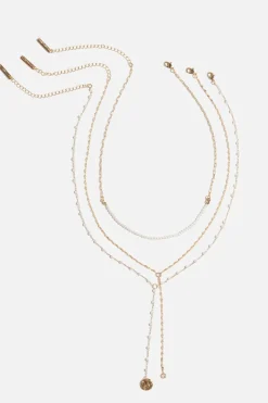 Necklaces-Dynamite Layered Mini Pearl Y-Neck Necklace White