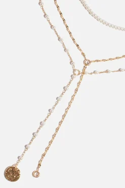 Necklaces-Dynamite Layered Mini Pearl Y-Neck Necklace White