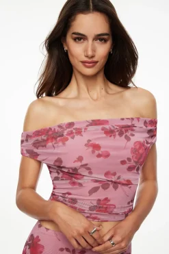 Tees & Tanks | Tees & Tanks-Dynamite Livia Off Shoulder Mesh Top Pink