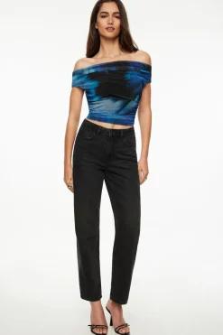 Tees & Tanks | Tees & Tanks-Dynamite Livia Off Shoulder Mesh Top Blue