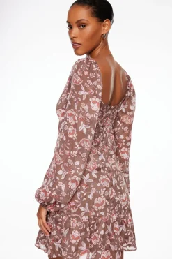 Dresses & Jumpsuits | Mini Dresses-Dynamite Long Sleeve Flare Mini Dress Brown